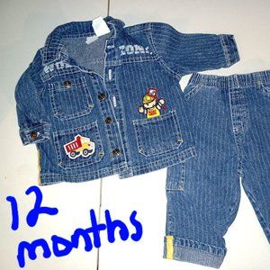 Little Boy's 2 pc outfit denim jacket + pants Pinstripe/ Workzone theme 12 mon
